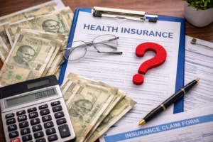 Is health insurance worth it in India with policy document, calculator, Indian rupee notes, and question mark 