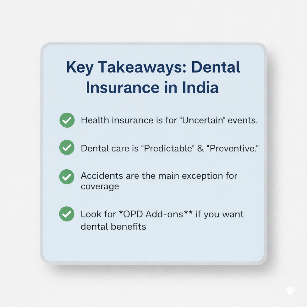 Key takeaways explaining why dental insurance is not covered under most health insurance plans in India, highlighting predictability of dental care, accident exceptions, and OPD add-on options. Why Dental Health Is Not Covered by Health Insurance in India?