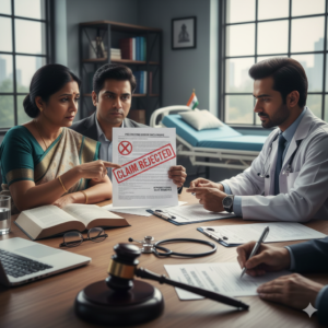 A concerned Indian couple facing a health insurance claim rejection due to non-disclosure of medical history; a doctor and legal symbols like a gavel are present, illustrating the financial and legal consequences of hiding pre-existing diseases. now they are thinking.. Should I Hide Pre-Existing Diseases while buying Health Insurance?