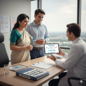 An Indian couple consulting with a doctor and an insurance agent, reviewing medical disclosure documents and a health insurance policy on a desk with a stethoscope and a legal gavel, symbolizing the principle of utmost good faith and transparency in health insurance.