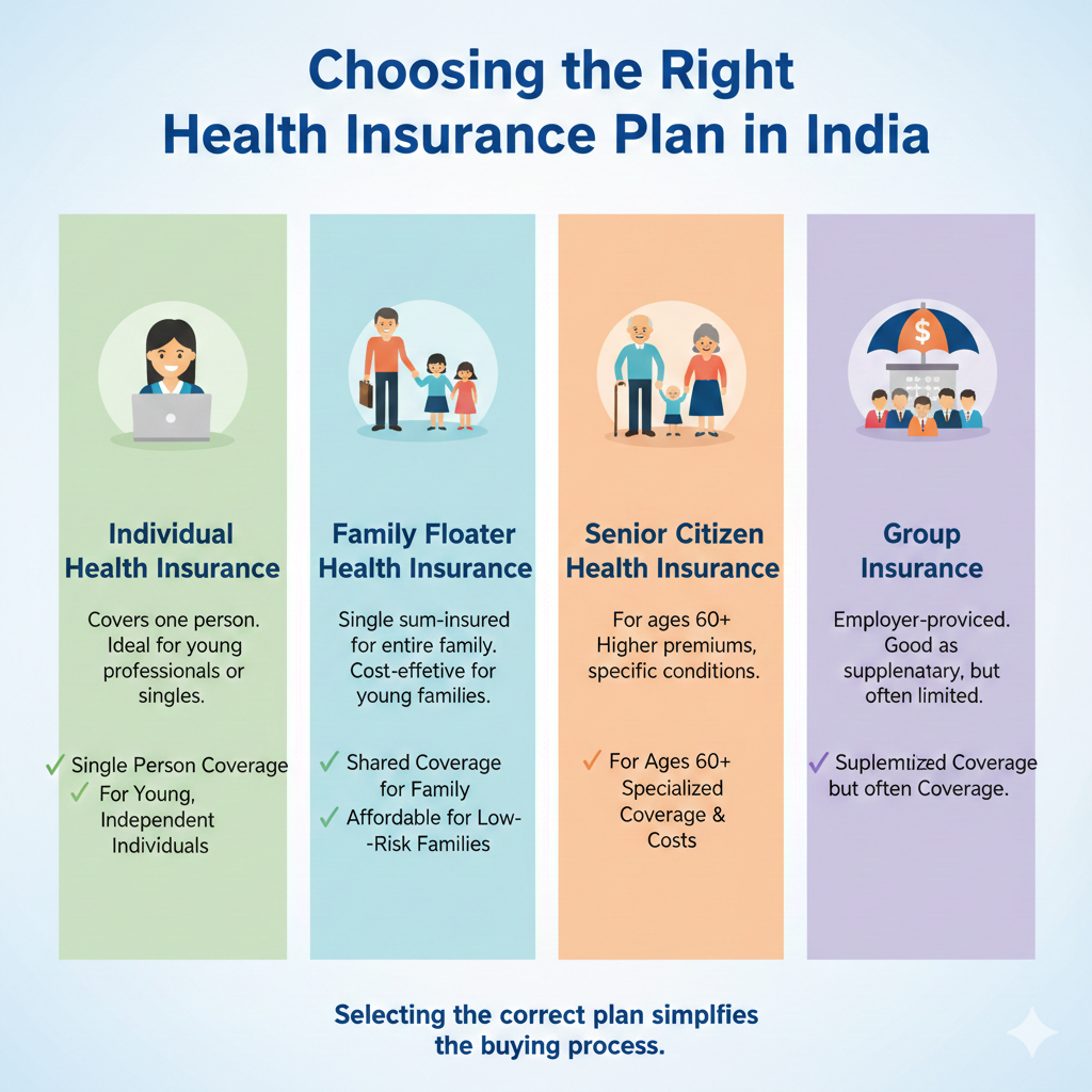 An infographic titled "Choosing the Right Health Insurance Plan in India" that breaks down four common policy types into vertical, color-coded columns.

Column 1 (Individual Health Insurance): Light green background. Features an icon of a young professional at a laptop. It notes that this covers one person and is ideal for young, independent individuals.

Column 2 (Family Floater Health Insurance): Light blue background. Features an icon of a family (parents and two children). It describes a single sum-insured for the entire family, noting it is cost-effective for low-risk families.

Column 3 (Senior Citizen Health Insurance): Light orange background. Features an icon of an elderly couple. It specifies coverage for ages 60+ with specialized coverage and higher premiums.

Column 4 (Group Insurance): Light purple background. Features an icon of a team of office workers under a protective umbrella. It explains this is employer-provided and good as supplementary coverage, though often limited in scope.