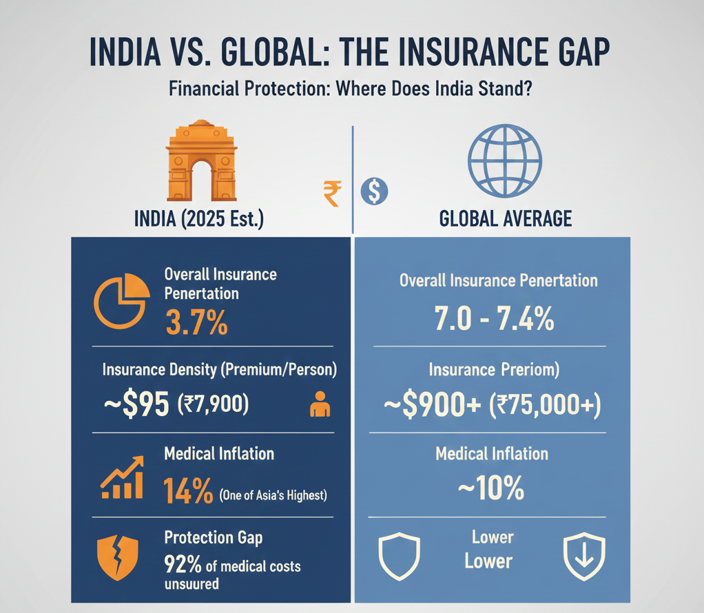 A high-quality 3D infographic comparing health insurance penetration in India versus the global average; it features bar charts showing India at 3.7% and the global average at 7.4%, alongside an Indian flag and a globe to symbolize the protection gap explaining Why Is Health Insurance So Expensive in India?