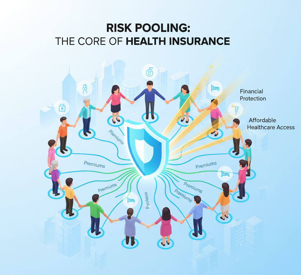 A conceptual 3D illustration of 'Risk Pooling' in health insurance, showing a diverse group of people contributing small gold coins into a large, glowing central pool that creates a protective umbrella over a family, symbolizing collective financial security and the sharing of medical risks. showing what is risk pooling in health insurance?