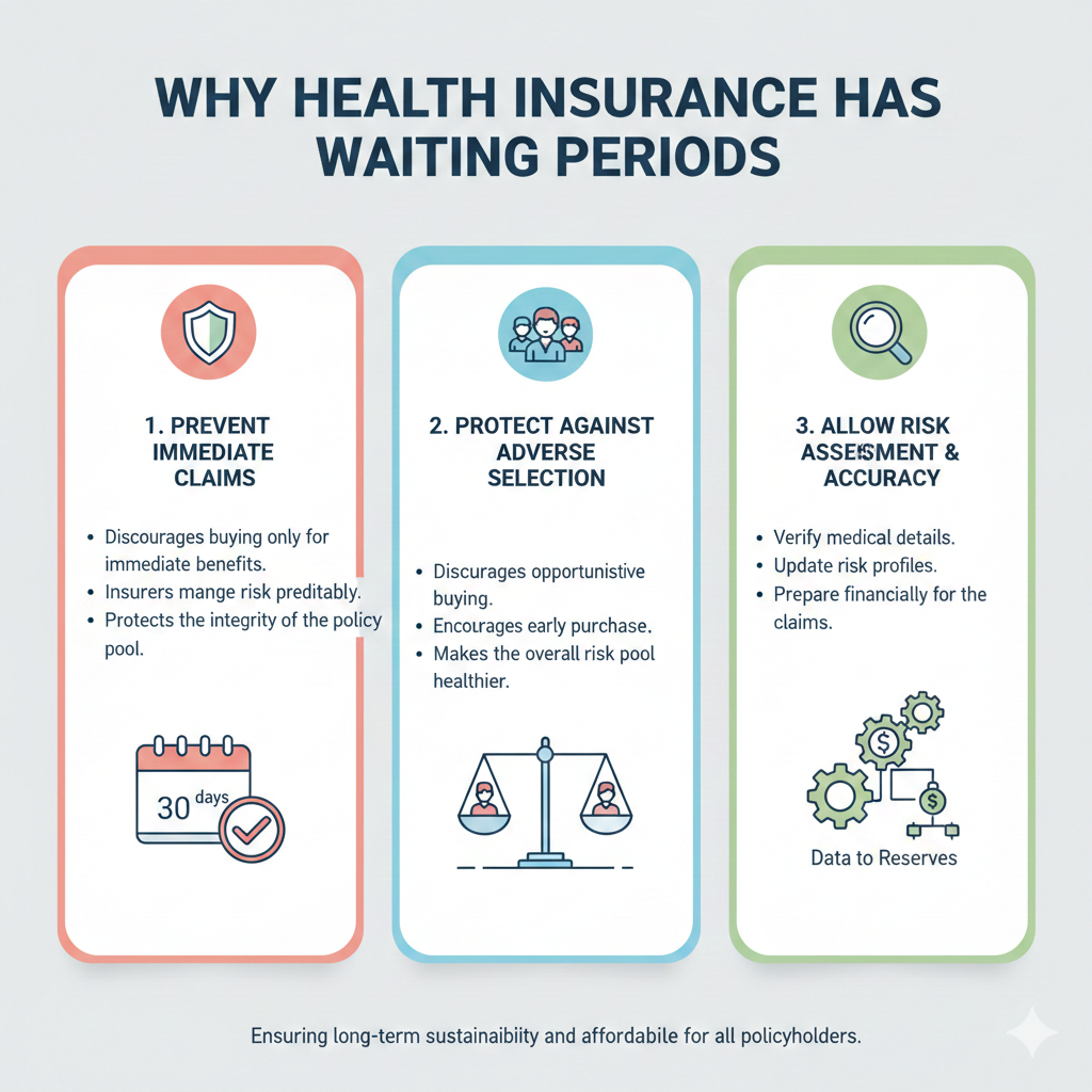 "Infographic titled 'Why Health Insurance Has Waiting Periods' explaining three key reasons: 1. Prevent Immediate Claims (discourages buying only for instant benefits and protects the policy pool); 2. Protect Against Adverse Selection (discourages opportunistic buying and encourages early purchase for a healthier risk pool); and 3. Allow Risk Assessment & Accuracy (helps insurers verify medical details and prepare financially for future claims)."