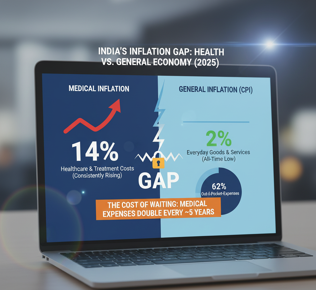 A side-by-side comparison chart showing India's medical inflation rate at 14% against a much lower general inflation rate of 3%, visualized with a rising red arrow over a hospital icon and a steady blue line over a shopping basket icon to emphasize the rapidly increasing cost of healthcare.