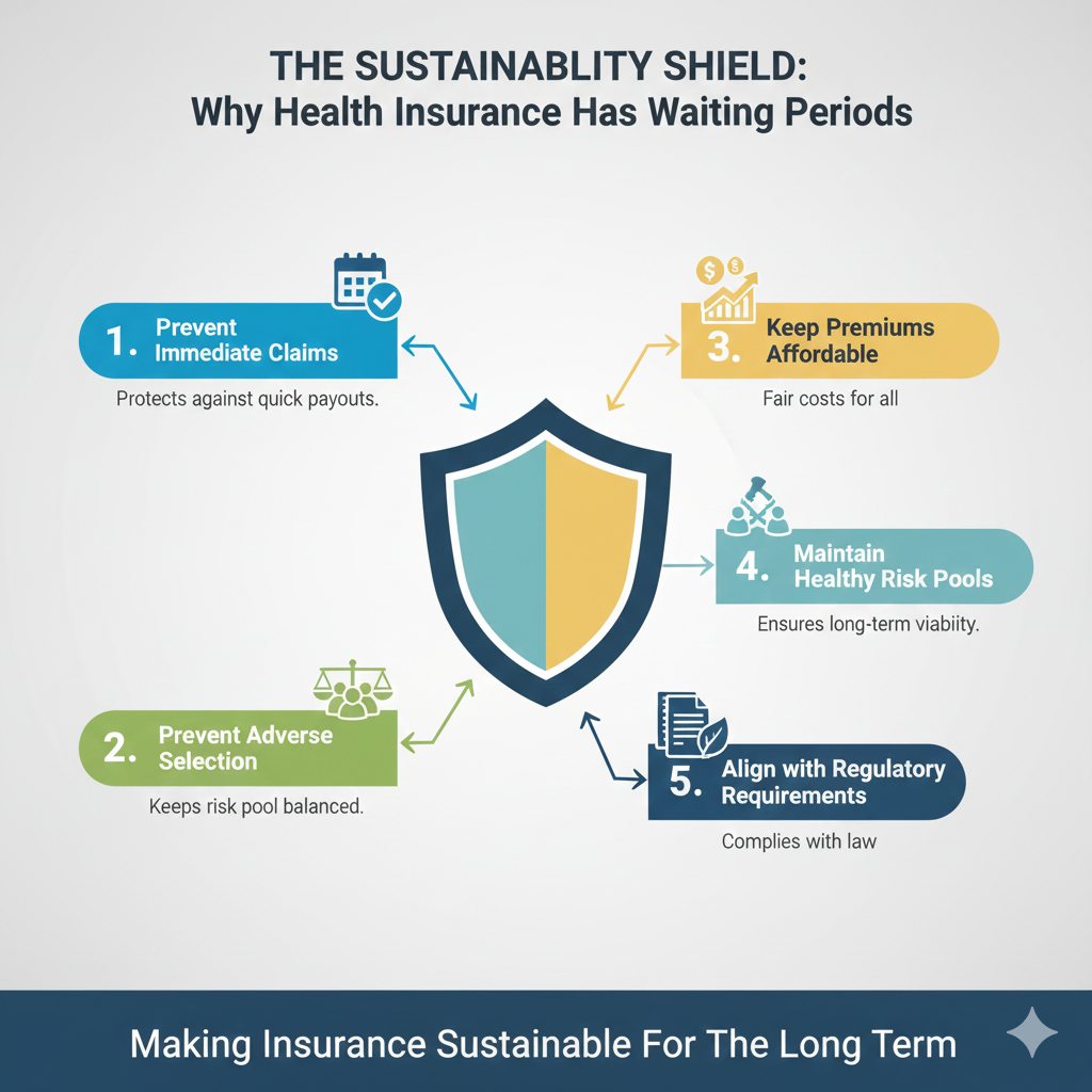 A summary infographic titled 'Why Health Insurance Has Waiting Periods' featuring three columns. Column 1: Preventing Immediate Claims, explaining how it protects the policy pool. Column 2: Protecting Against Adverse Selection, showing how it encourages early purchase and keeps the risk pool healthy. Column 3: Risk Assessment and Accuracy, detailing how it allows insurers to verify data and prepare financial reserves. The bottom footer notes that these mechanisms ensure long-term sustainability and affordability for all policyholders."