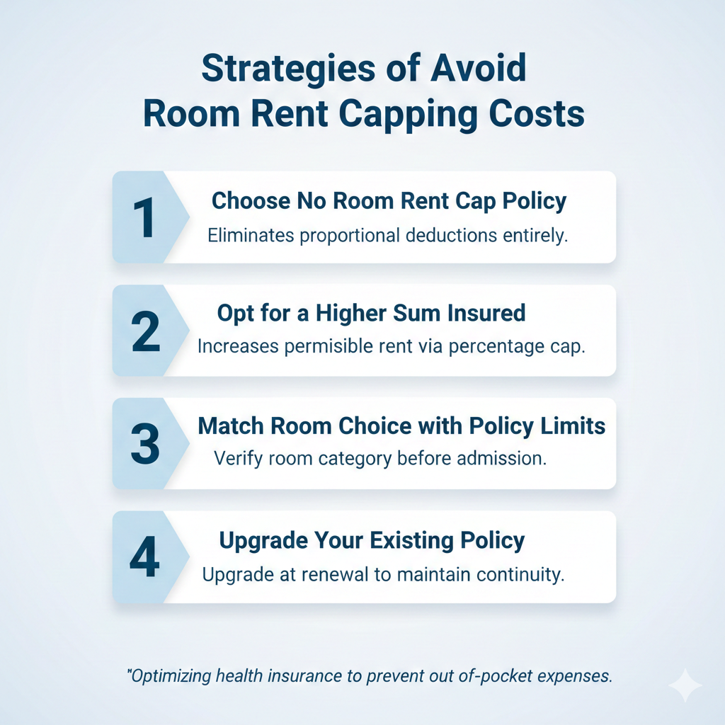 nfographic showing strategies to avoid room rent capping costs in health insurance, including choosing a no room rent cap policy, opting for a higher sum insured, matching room choice with policy limits, and upgrading an existing health insurance policy. image is related to the topic what is room rent capping in health insurance?