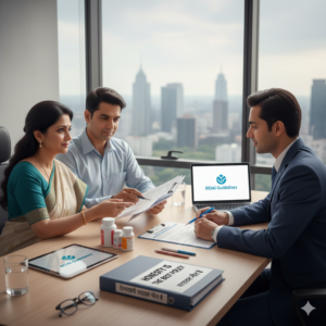 An Indian couple consulting with a doctor and an insurance agent, reviewing medical disclosure documents and a health insurance policy on a desk with a stethoscope and a legal gavel, symbolizing the principle of utmost good faith and transparency in health insurance.