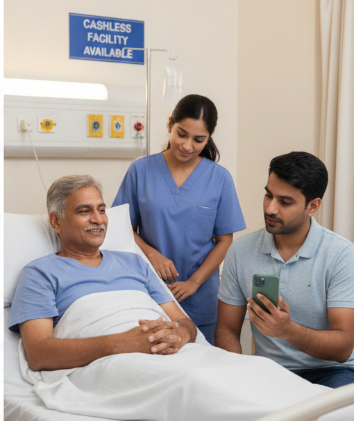 A senior man lying in a hospital bed, looking relaxed and smiling. A female healthcare worker in blue scrubs stands beside him, looking down at a smartphone held by a younger man (presumably a family member) sitting next to the bed. A blue sign on the wall behind them reads "Cashless Facility Available." The image illustrates a seamless, technology-aided healthcare experience and the support of family during medical recovery