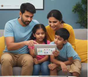 A family of four—a father, mother, and two young children—sitting together on a gray sofa in a living room. The father is pointing at a digital tablet held by the children, which displays a health insurance comparison and reads-- How to Determine Which Health Insurance Plan Is Best for You