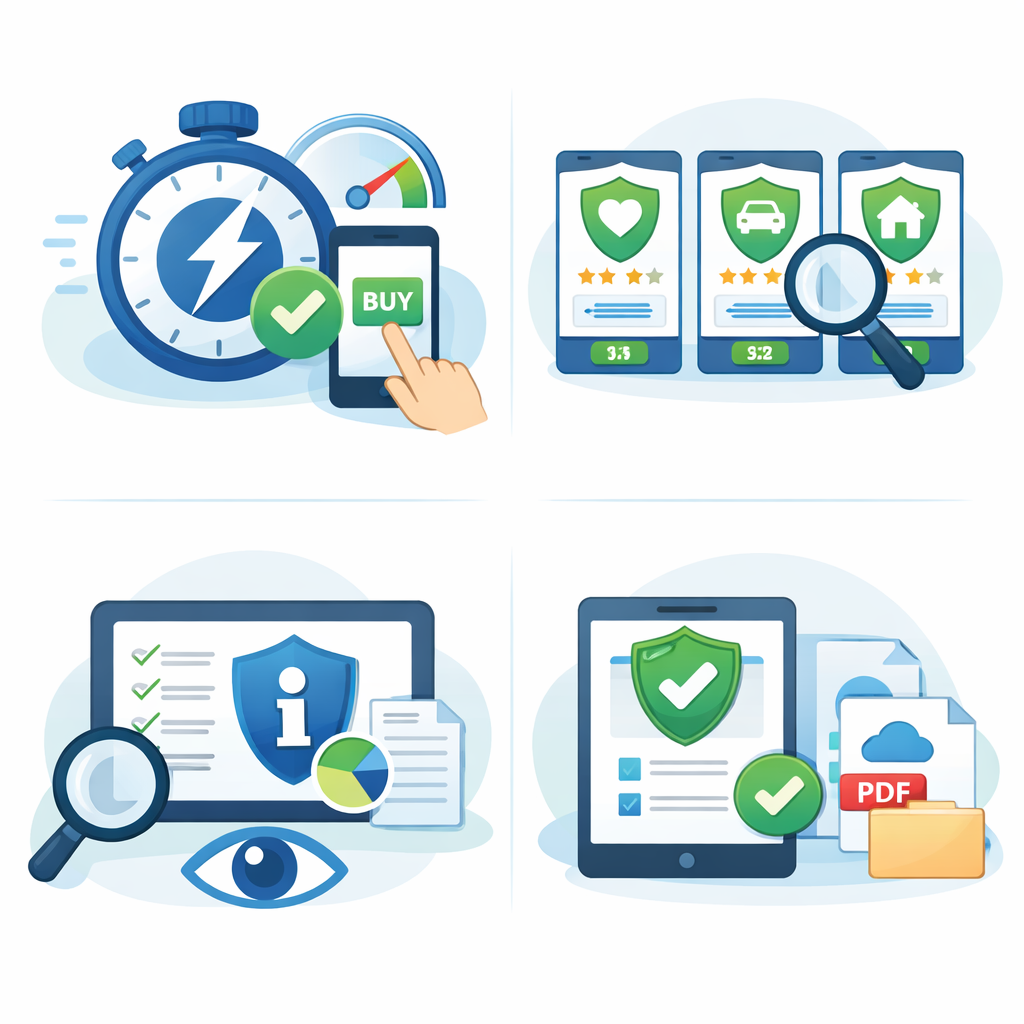 "Infographic-style illustration showing the advantages of buying insurance online. Top-left: a stopwatch, smartphone, and hand tapping ‘buy’ representing speed and convenience. Top-right: multiple insurance options on screens with a magnifying glass, representing easy comparison. Bottom-left: a tablet with charts, documents, and an eye icon, representing transparency and information access. Bottom-right: a tablet with a shield, checklist, PDF, and folder icons, representing organized digital documents. White background with soft blue and green tones, clean vector style, no text."