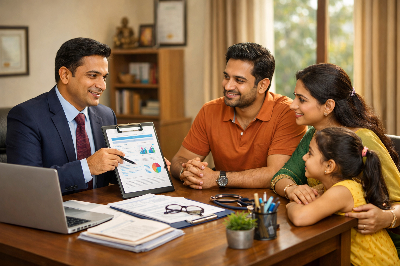 
Insurance agent explaining a health insurance policy to an Indian family at a desk, with policy documents and a laptop visible in a professional advisory office setting.
