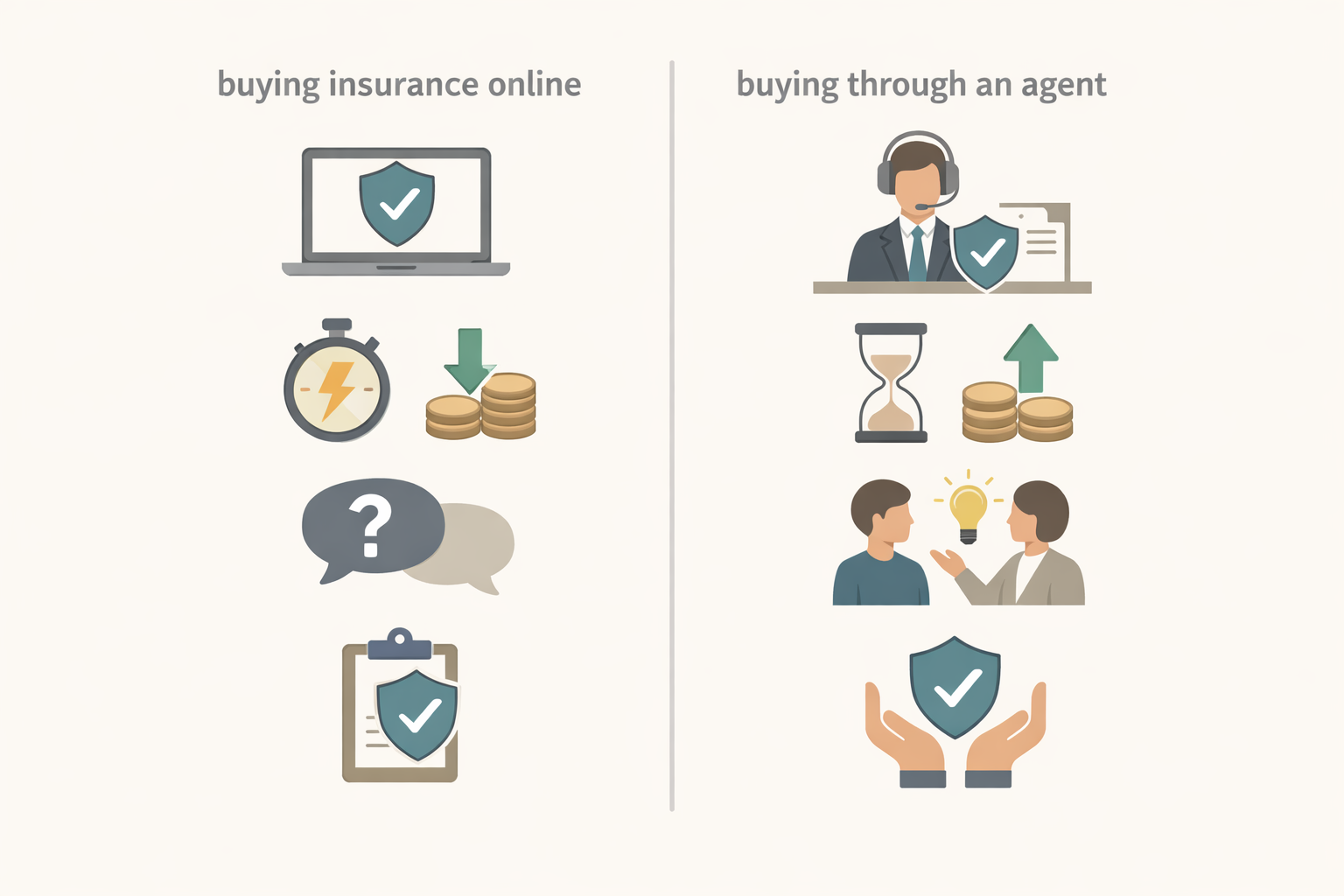 “Comparison-style illustration showing buying insurance online versus through an agent, displayed in two columns with icons representing speed, cost, advice, and claim support, using a clean flat design and neutral colors.”
