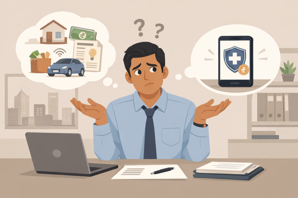 A clean, flat-style illustration explaining whether health insurance is a waste of money in India, showing an Indian salaried professional at a desk looking confused between everyday household expenses and a health insurance premium notification on a smartphone in a modern urban setting.