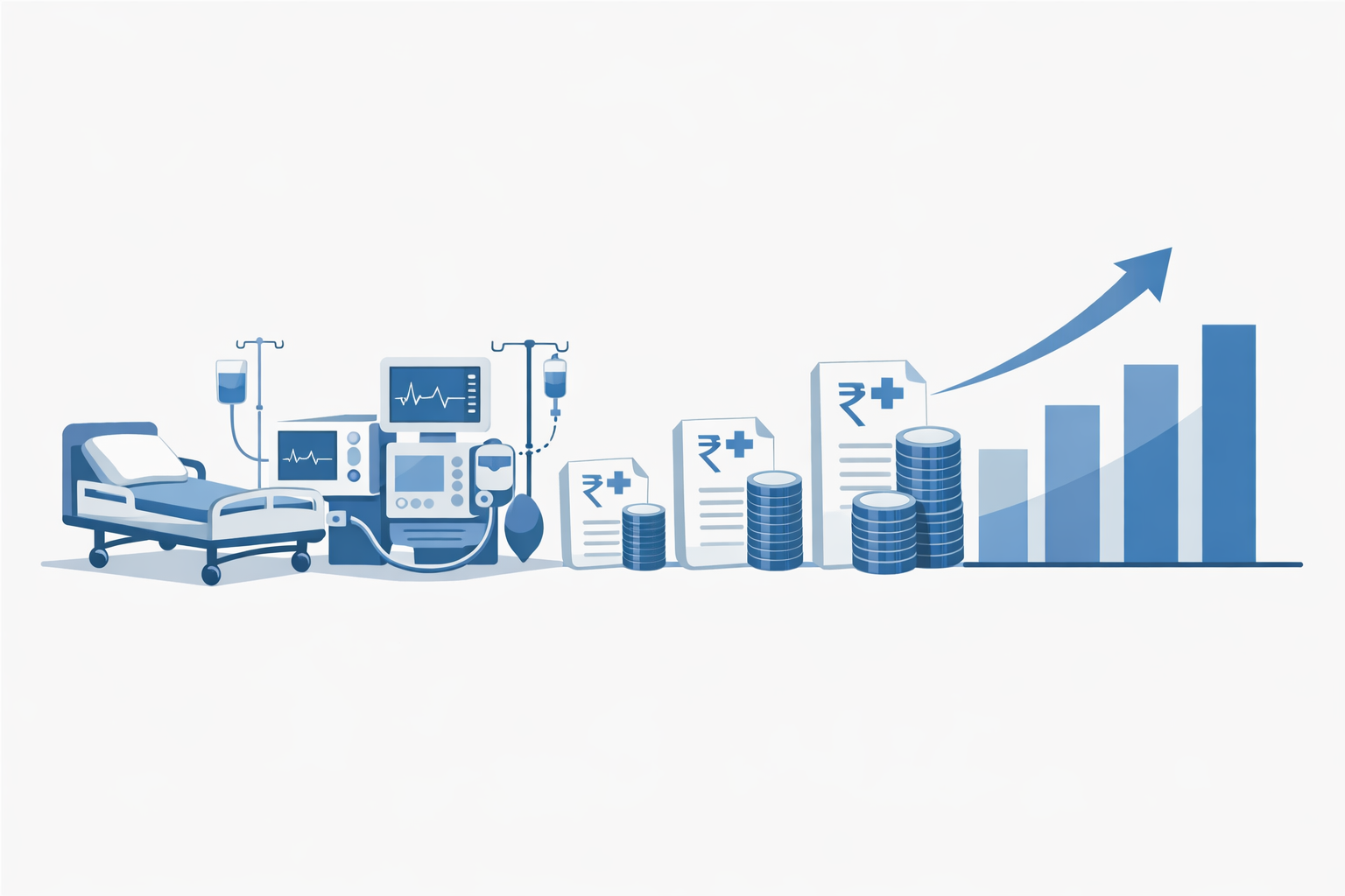 “Minimal infographic-style illustration showing rising hospital costs in India, with icons of a hospital bed, ICU equipment, increasing medical bills, stacked coins, and an upward bar graph in blue and grey tones.”**