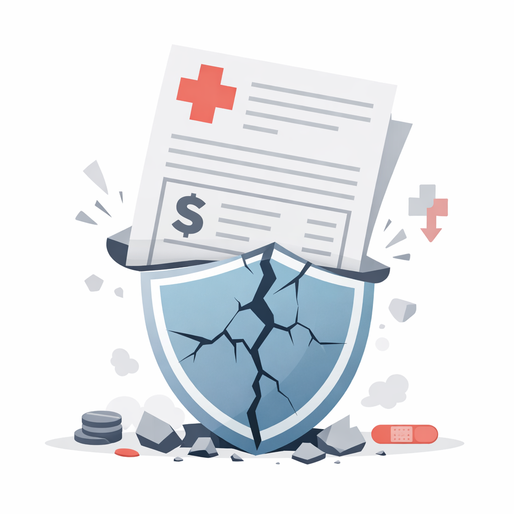 “Cracked insurance shield breaking under a large hospital bill, symbolizing low health insurance coverage and underinsurance in a flat, modern financial awareness illustration.”** A clean, flat-style illustration explaining whether health insurance is a waste of money in India, showing an Indian salaried professional at a desk looking confused between everyday household expenses and a health insurance premium notification on a smartphone in a modern urban setting.
