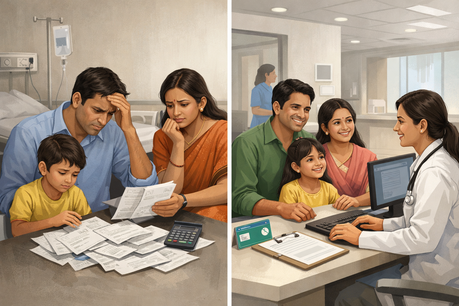 Split-scene illustration of two Indian families at a hospital—one family looking stressed while reviewing medical bills, and another family calmly completing cashless treatment at a hospital desk, highlighting the contrast between financial stress and insurance protection.