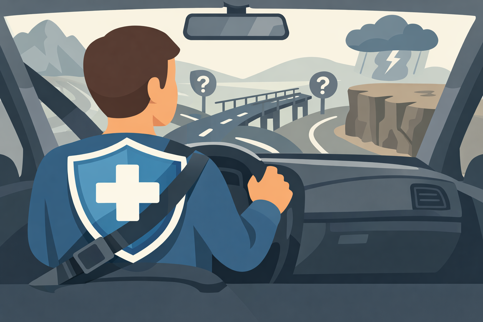**Alt text:** Illustration of a person driving on uncertain roads while wearing a seatbelt shaped like a health insurance shield, symbolizing financial protection against unexpected medical risks.