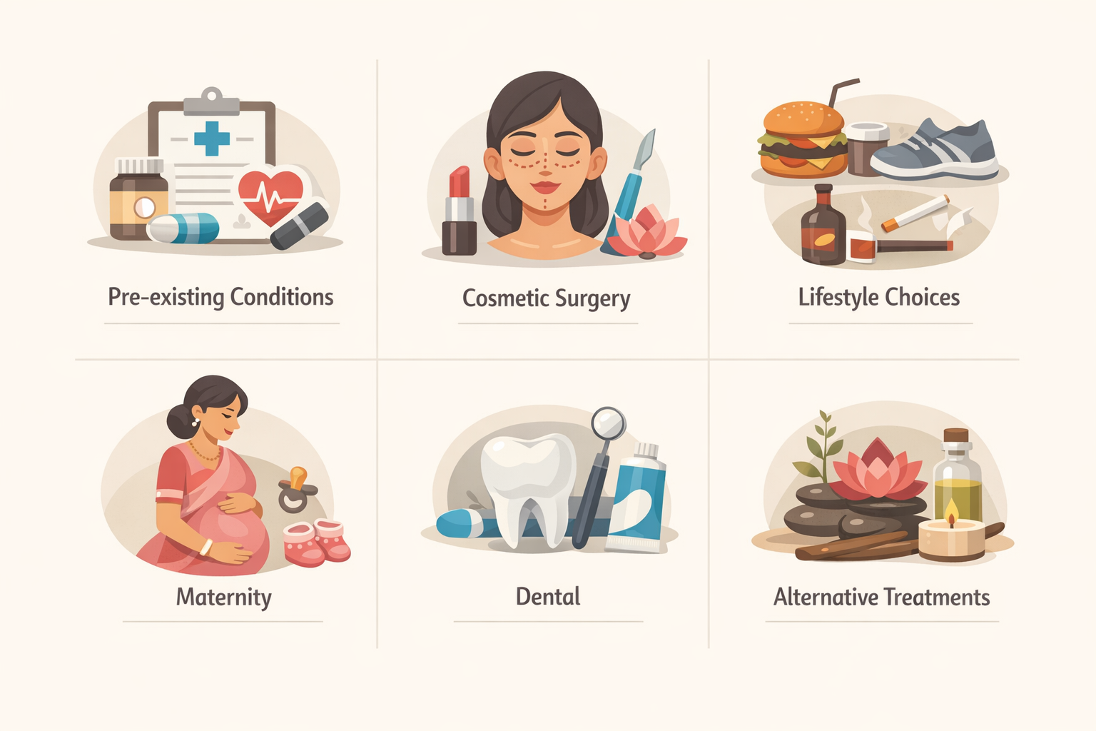 Flat infographic illustrating common health insurance exclusions in India, with icons for pre-existing conditions, cosmetic surgery, lifestyle-related treatments, maternity expenses, dental care, and alternative treatments, designed in soft neutral tones for educational awareness.” 