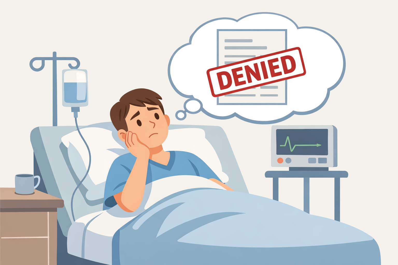 Illustration of a worried patient lying in a hospital bed, thinking about a denied health insurance claim shown as a red “denied” stamp in a thought bubble, symbolizing claim rejection and financial stress. 