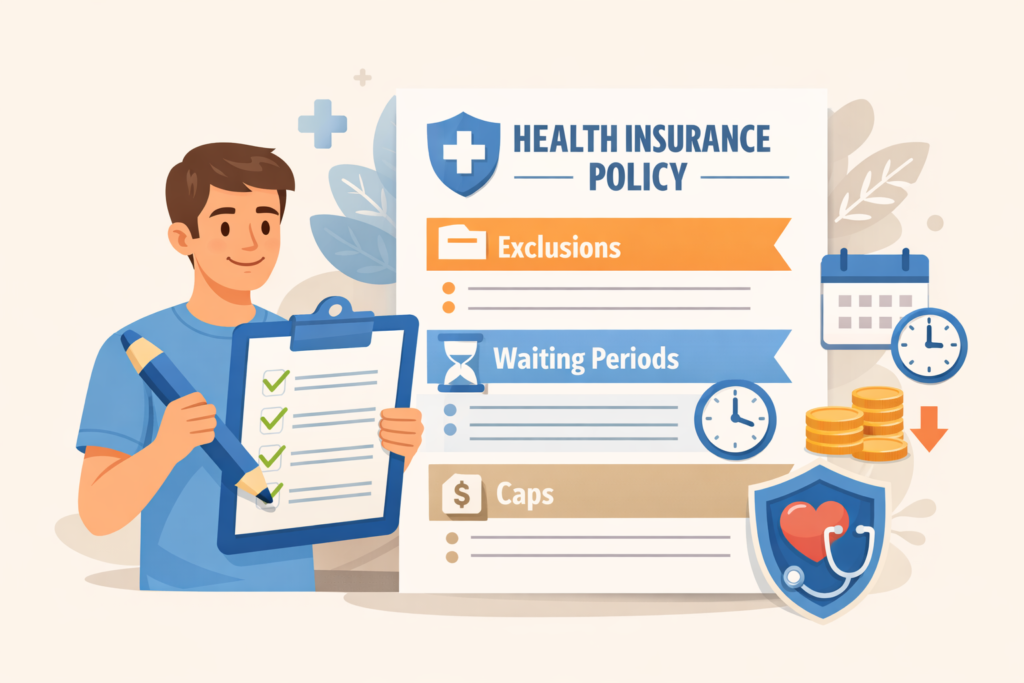 Flat-style illustration of a person reviewing a health insurance policy with a checklist, highlighting key sections like exclusions, waiting periods, and coverage caps in a clean, modern educational design with soft blue and neutral tones.