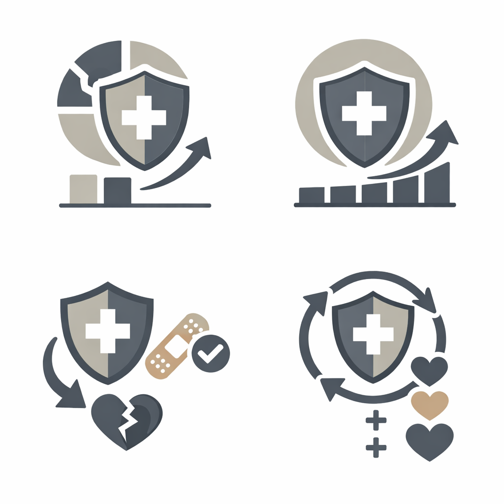 Modern infographic-style illustration showing four flat vector icons representing types of health insurance restoration benefits—partial restoration, complete restoration, single-use restoration, and multiple restoration—using neutral colors and a clean educational design.