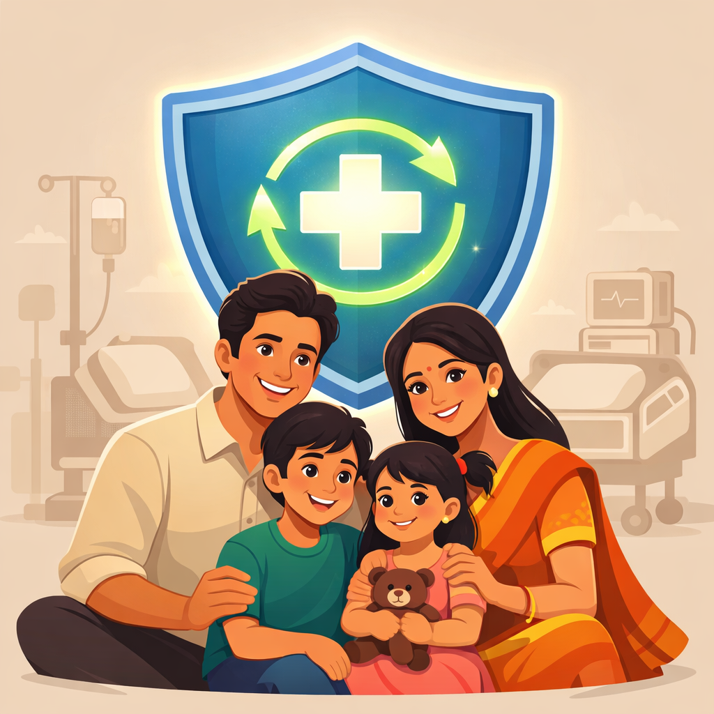 **Alt text:** *A flat modern illustration of an Indian family sitting together under a protective health insurance shield with a glowing restored coverage symbol, representing financial security and continued protection after multiple hospitalisations.*