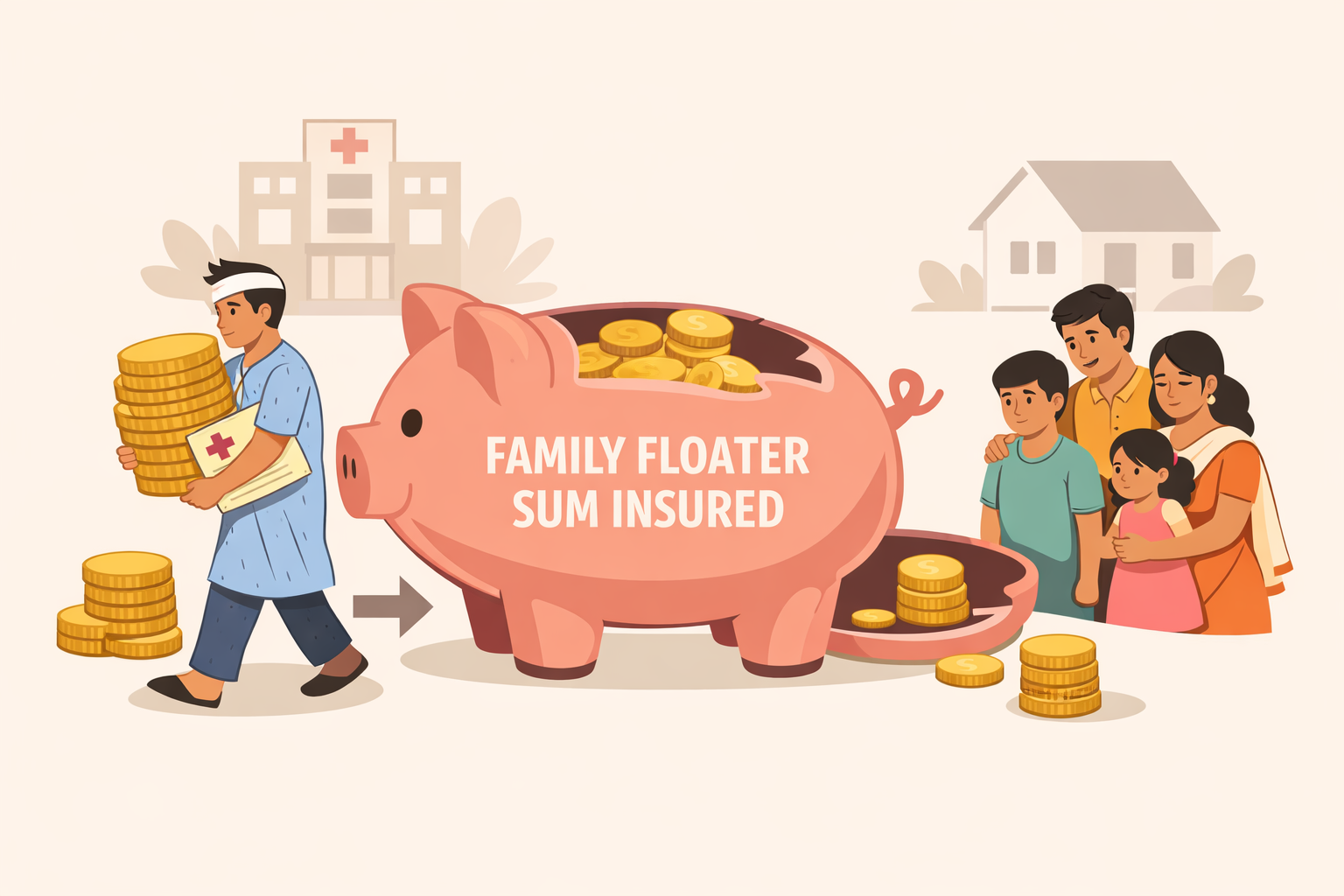 image describing the importance of family floater health insurance coverage in a  flat vector-style illustration showing an Indian family and a shared piggy bank labeled 'Family Floater Sum Insured.' One family member is withdrawing a large portion of coins for surgery, while the remaining family members have the leftover amount, visually representing the concept of family floater health insurance coverage."
