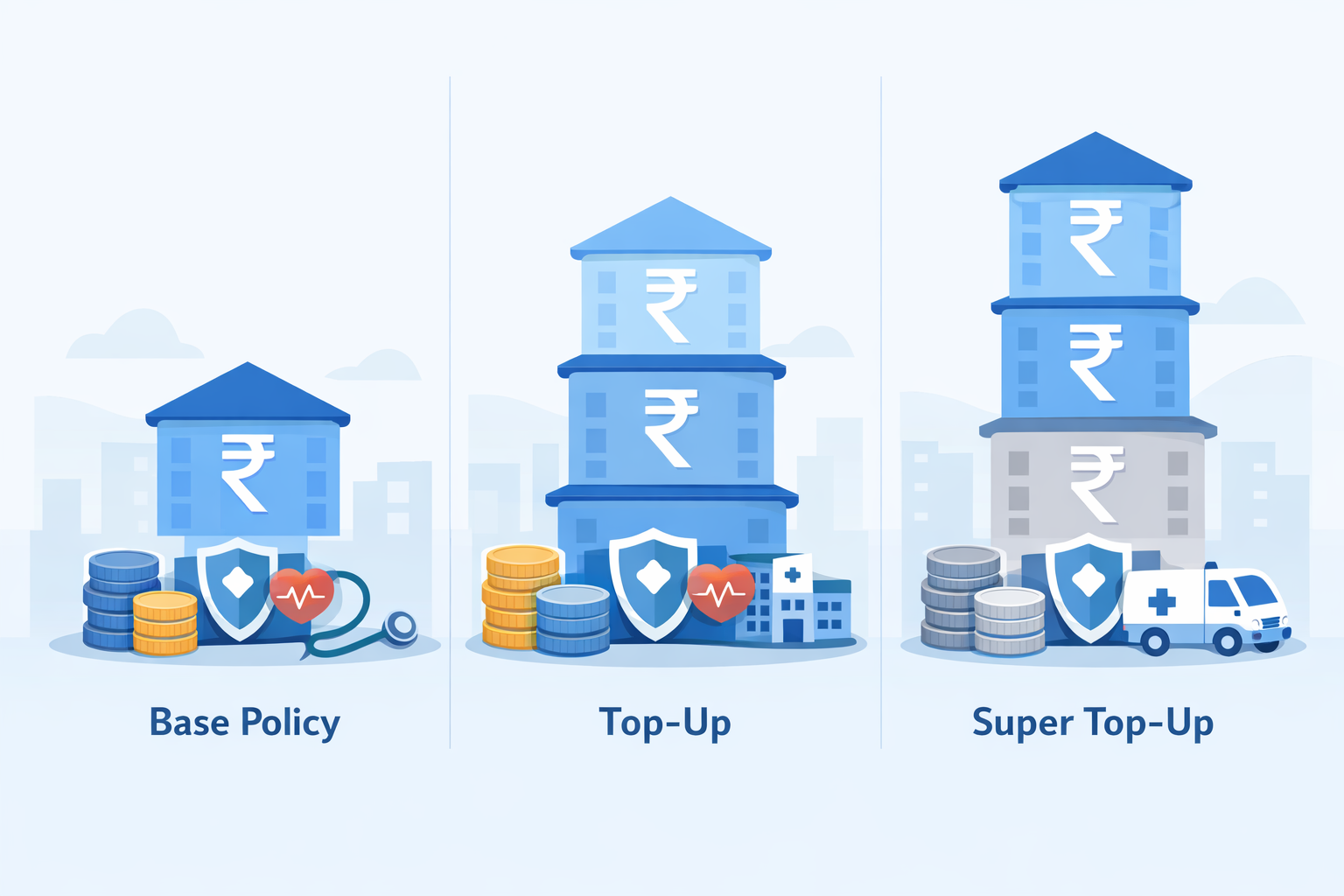 Alt text: "Infographic-style illustration comparing Base Policy, Top-Up, and Super Top-Up plans, visually showing coverage stacking with coins, medical icons, and shields, representing how family floater health insurance coverage can increase with additional plans, modern flat vector design in soft blue and grey tones, Indian financial context."
