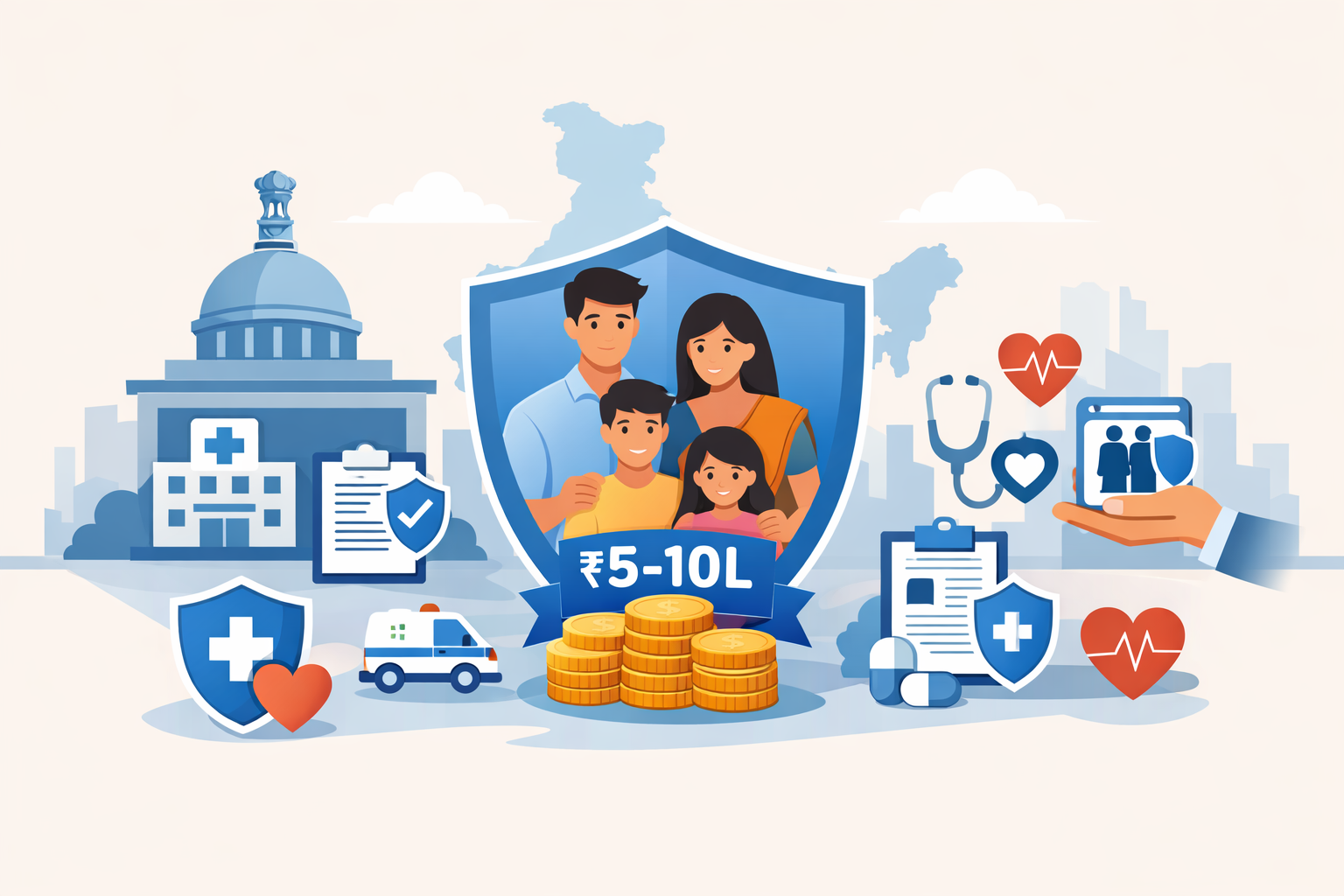 Alt text: "Flat-style vector illustration of an Indian family protected by a shield, surrounded by icons representing hospitals, medical services, and government health schemes, highlighting ₹5–10 lakh family floater health insurance coverage."

