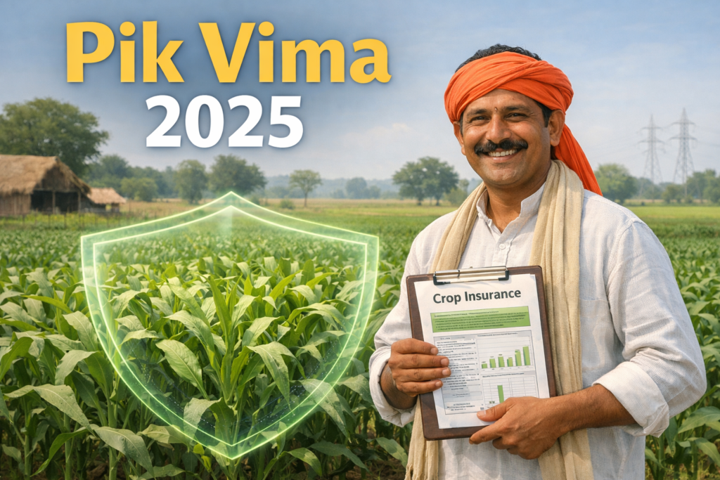 Pik VIMA 2025 crop insurance illustration showing an Indian farmer standing confidently in a lush green field, holding crop insurance documents, with a subtle protective shield symbol over healthy crops, representing government-backed agricultural protection and financial security for farmers