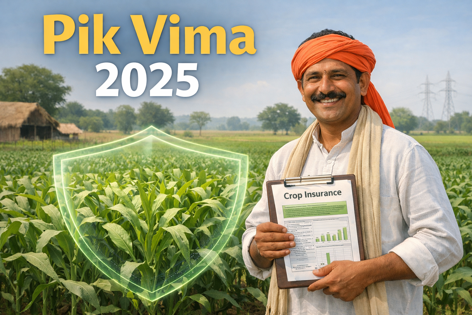Pik VIMA 2025 crop insurance illustration showing an Indian farmer standing confidently in a lush green field, holding crop insurance documents, with a subtle protective shield symbol over healthy crops, representing government-backed agricultural protection and financial security for farmers