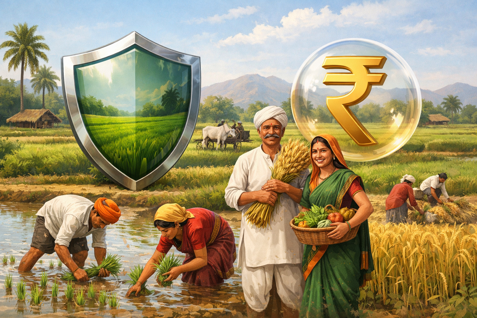 Pik VIMA 2025: Indian farmers working in lush green fields, with a protective shield and a rupee symbol representing crop insurance and financial security, a couple holding harvested crops and vegetables, other farmers planting rice and harvesting wheat in the background, realistic rural Indian landscape with soft natural colors, calm and reassuring scene."