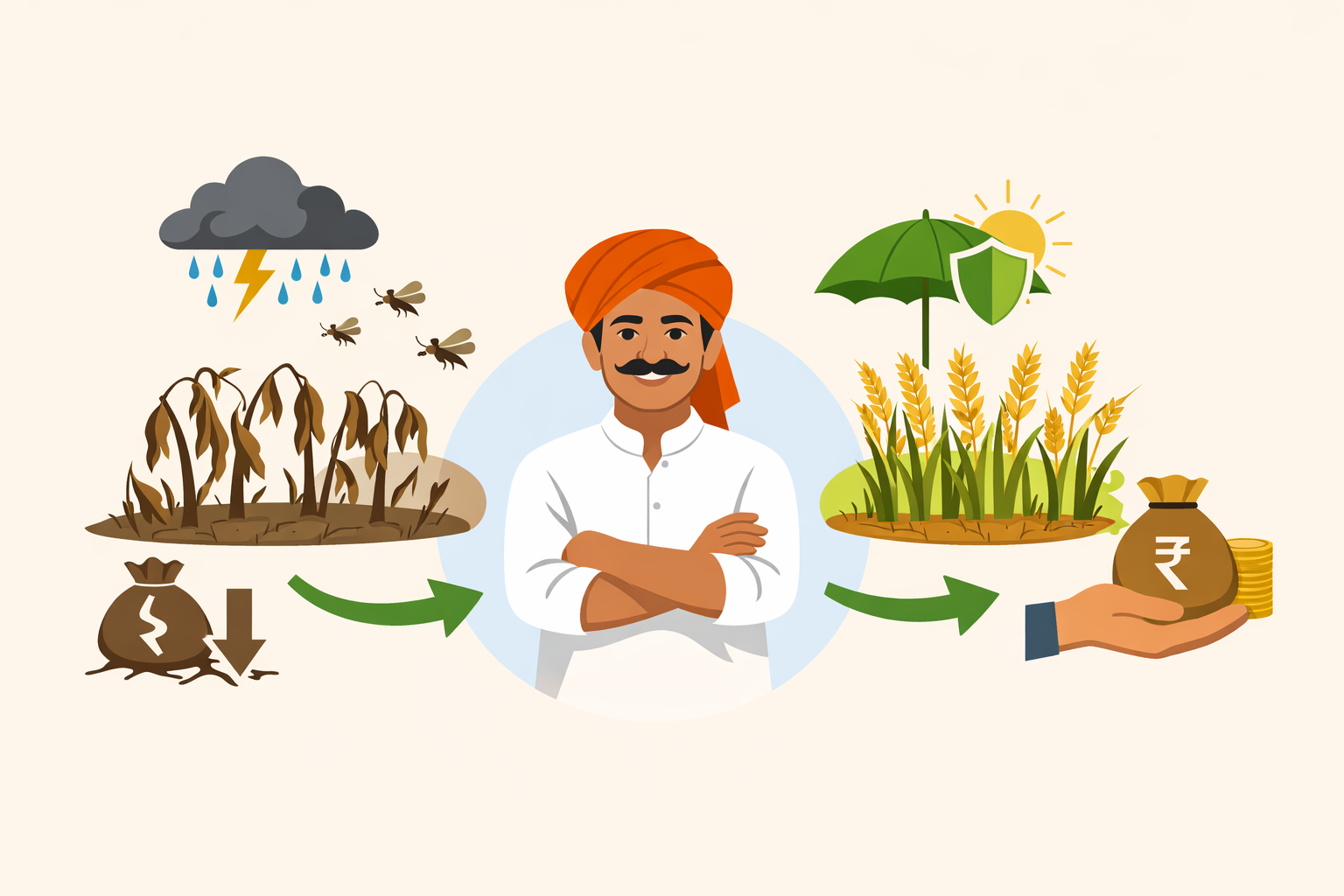 Pik VIMA 2025 illustration showing an Indian farmer at the center, with damaged crops on the left and healthy insured crops on the right, arrows indicating the insurance claim process, and a rupee symbol representing compensation, educational infographic-style design for crop insurance awareness