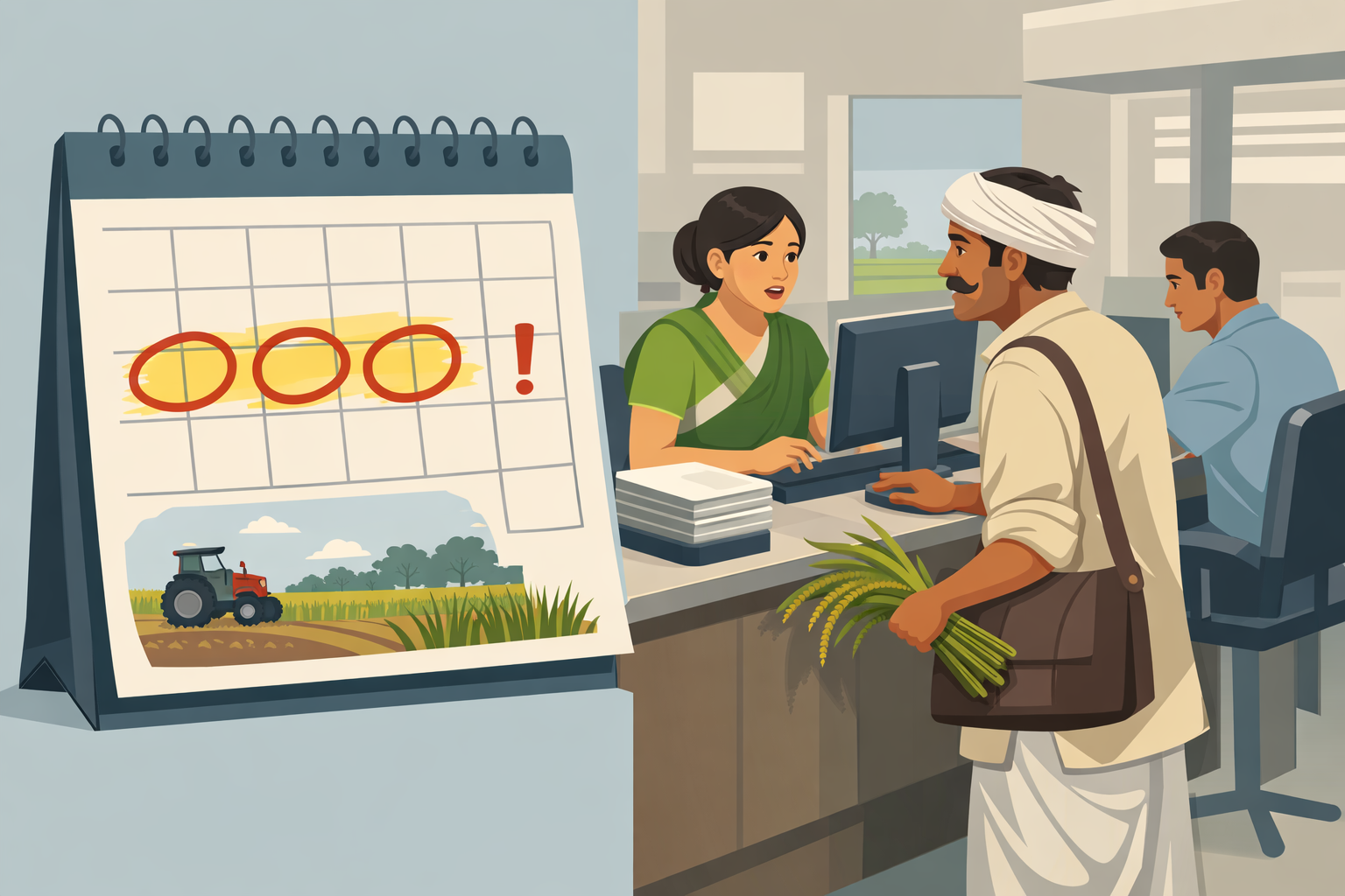 Pik VIMA 2025: An Indian farmer at a bank or Common Service Centre desk discussing crop insurance registration, holding a bundle of harvested crops, with a large calendar nearby showing highlighted application deadlines, set in a modern flat illustration style with muted professional colors, emphasizing urgency and awareness in agricultural financial planning."