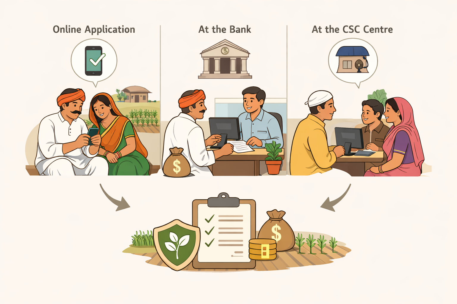 Pik VIMA 2025: Step-by-step illustration showing Indian farmers applying for crop insurance via online portal, bank, and CSC centre. The first panel shows a farmer and his wife using a smartphone, the second shows a farmer consulting a bank officer, and the third depicts a farmer interacting with a CSC agent. Arrows lead to icons of a clipboard, shield, crops, and money, representing insurance coverage and payouts. Educational infographic style, clean layout, neutral colors."