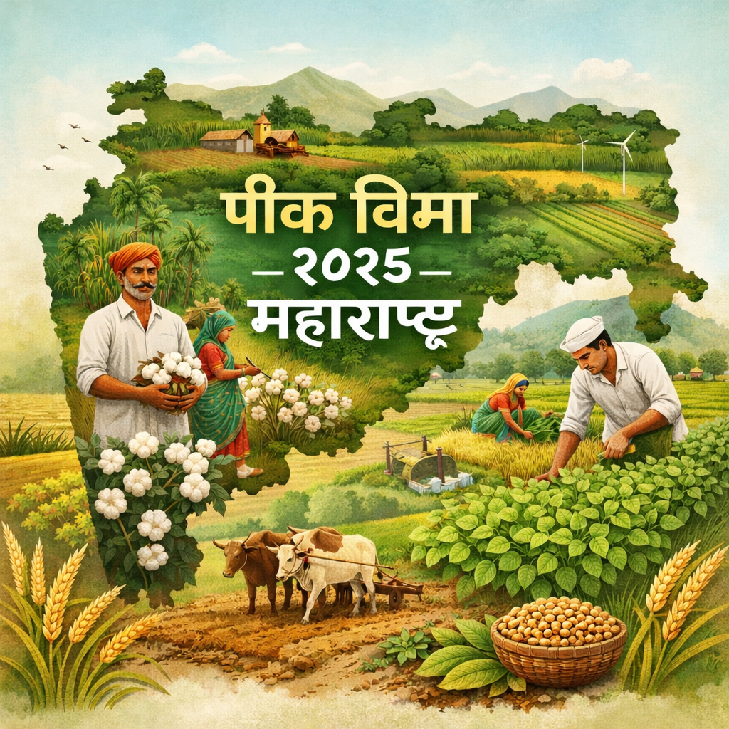 Illustration of Maharashtra state map with farmers cultivating cotton, soybean, and rice, highlighting Pik Vima 2025 crop insurance scheme with Marathi text ‘पीक विमा 2025 महाराष्ट्र’, showcasing regional agriculture and government crop protection program.