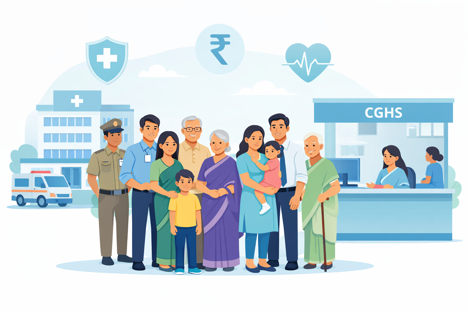 Paripoorna Mediclaim Ayush Bima for CGHS beneficiaries showing Indian central government employees and pensioners with their families standing in front of a hospital and CGHS service desk, with subtle healthcare icons like a medical shield, rupee symbol, and heart in the background, representing government health insurance coverage in a calm, trustworthy, modern flat illustration style.