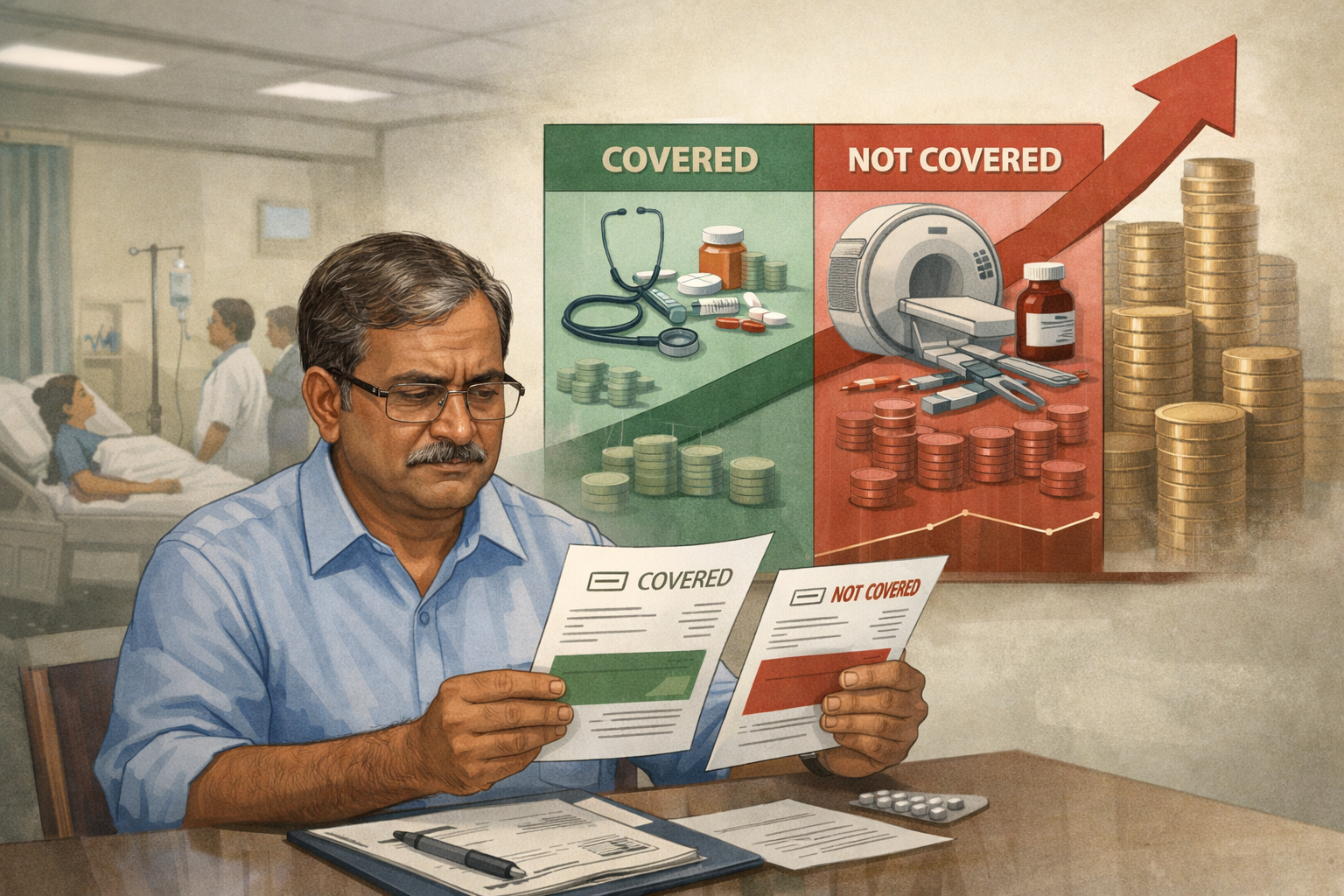 Paripoorna Mediclaim Ayush Bima for CGHS beneficiaries: An Indian middle-aged man with glasses and a mustache reviews hospital bills at a table, comparing expenses that are covered versus not covered, highlighting partial CGHS coverage and rising medical costs. In the background, a hospital setting shows a patient in bed and medical staff attending, while visual charts illustrate the financial contrast between covered and uncovered healthcare expenses.