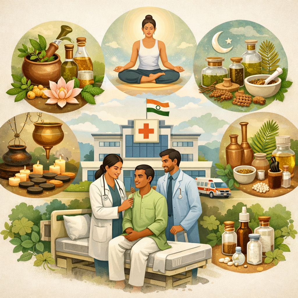 Paripoorna Mediclaim Ayush Bima for CGHS beneficiaries showing an Indian patient in a hospital receiving care from doctors, surrounded by symbols of Ayurveda, Yoga, Unani, Siddha, and Homeopathy, representing a balanced integration of traditional and modern healthcare under a government scheme, calm and professional illustration style.