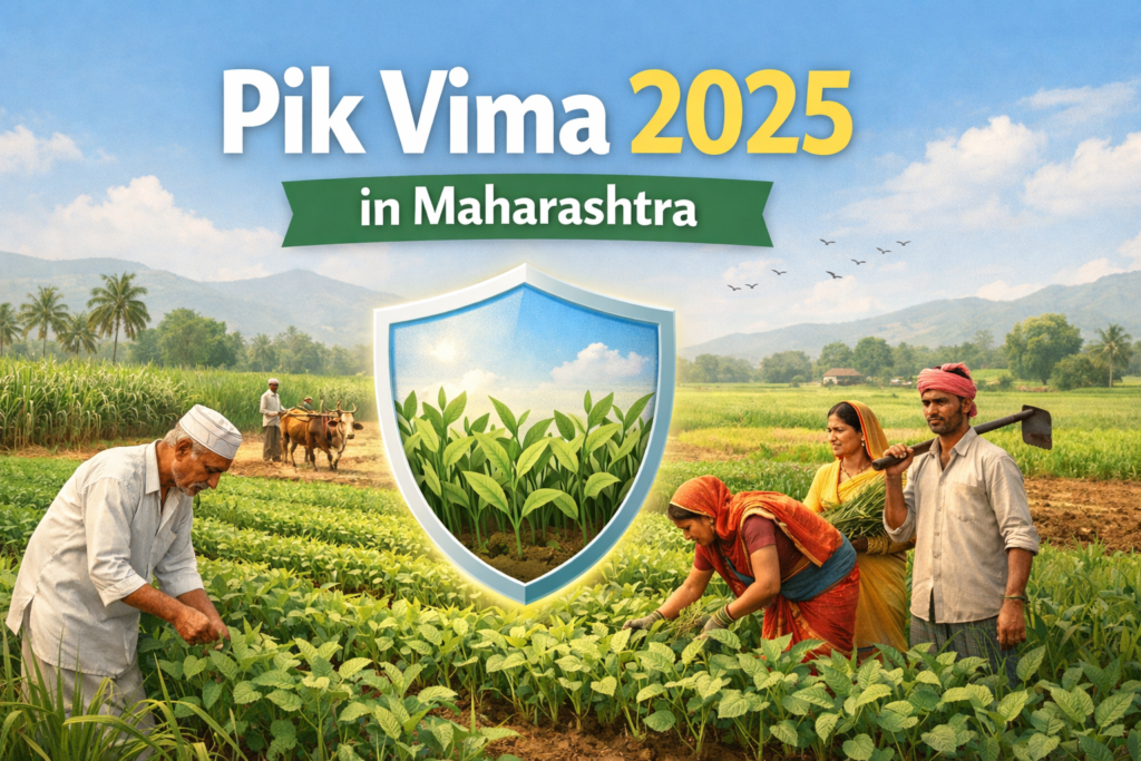 **pik VIMA 2025 in Maharashtra** showing Indian farmers working together in green agricultural fields of Maharashtra, with healthy crops protected under a large shield symbol, representing government-backed crop insurance, financial security, and risk protection for farmers in a professional, trustworthy rural farming setting.