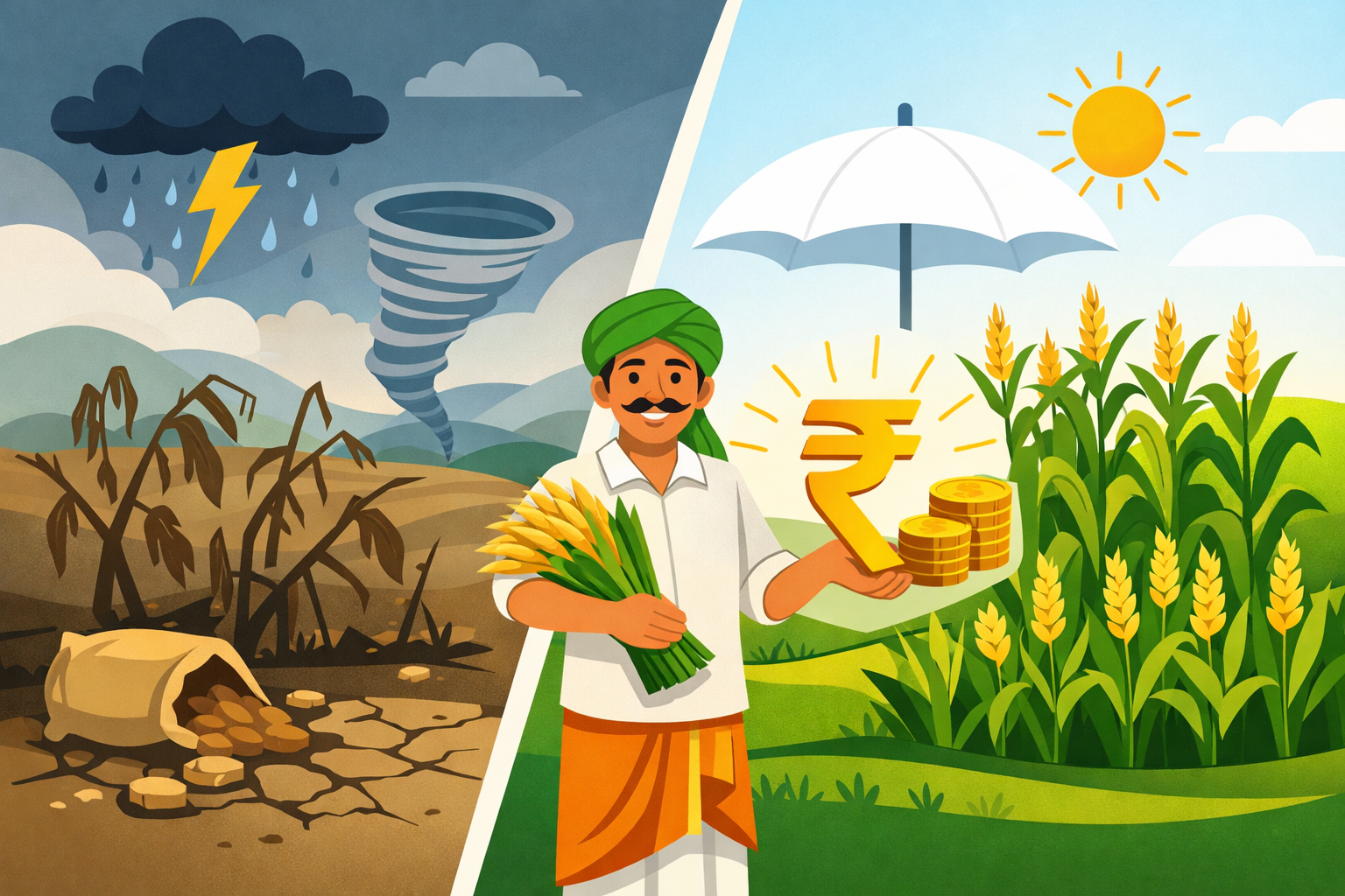 pik VIMA 2025 in Maharashtra illustrated through a clean flat infographic showing a farmer standing between damaged crops affected by storms on one side and healthy insured crops on the other, with a rupee symbol highlighting government crop insurance compensation and financial protection for farmers

