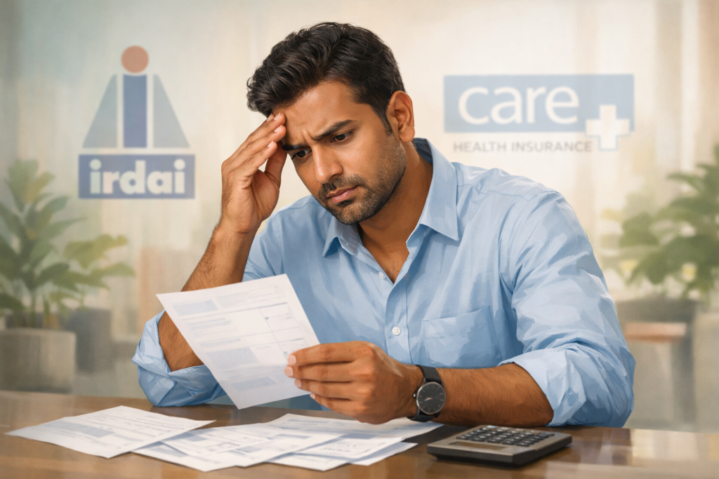 care health insurance in news: An Indian man in his 30s, wearing a light blue shirt, looks concerned while reviewing medical bills at a desk with scattered papers and a calculator. In the softly blurred background, subtle IRDAI and Care Health Insurance logos are visible, highlighting the context of health insurance and financial planning.