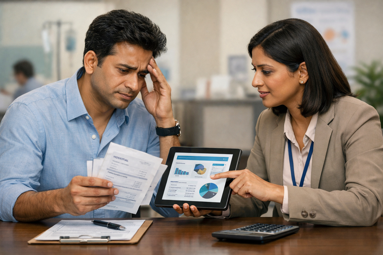 Care Health Insurance in news: A concerned Indian man holds hospital bills while a professional female health insurance agent explains claim deductions on a digital tablet, highlighting claim settlement issues. The scene is set in a calm office environment with neutral colors, emphasizing the serious discussion and attentive interaction.
