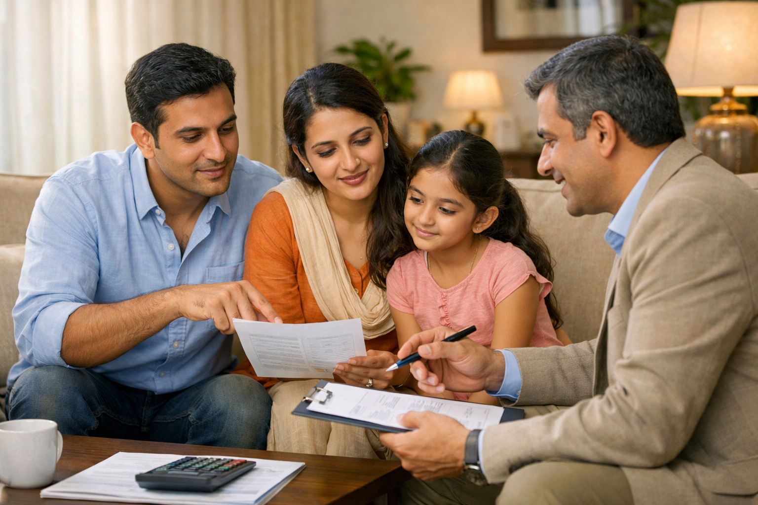 Care health insurance in news: An Indian family of three—father, mother, and young daughter—sitting together in their living room, reviewing health insurance documents with a professional advisor. The scene is warm and reassuring, with soft natural colors, a cozy indoor setting, and the advisor explaining details while the family attentively listens.
