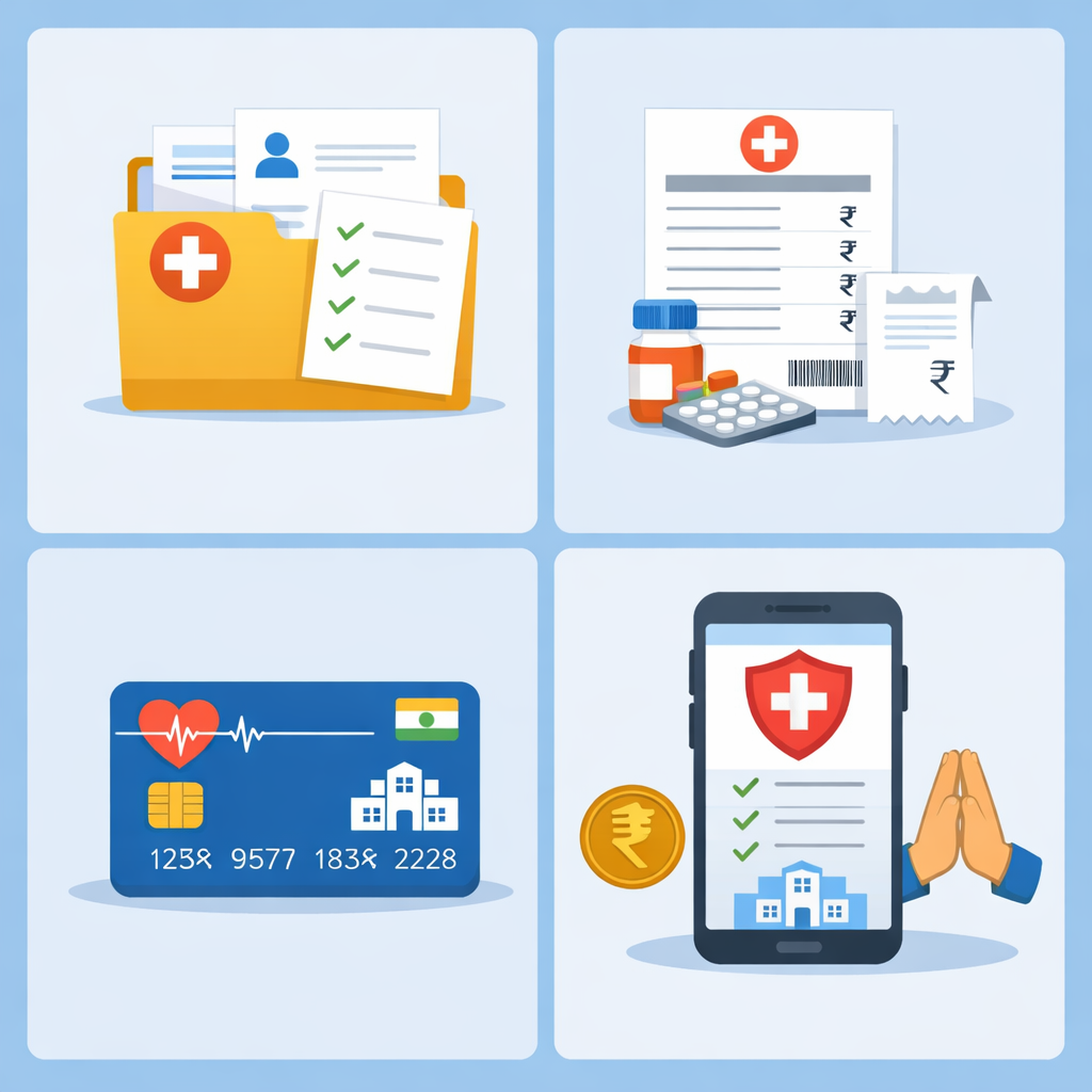 Care Health Insurance in news: A flat infographic-style illustration showing a checklist for health insurance claim preparation. The top left panel depicts a yellow document folder with medical documents and a checklist. The top right panel shows hospital bills with medicines and a receipt. The bottom left panel features a health insurance card with an Indian flag and hospital icon. The bottom right panel displays a smartphone with a health insurance app, a rupee coin, and folded hands symbolizing assistance. Clean, professional, and simple design in an Indian context.
