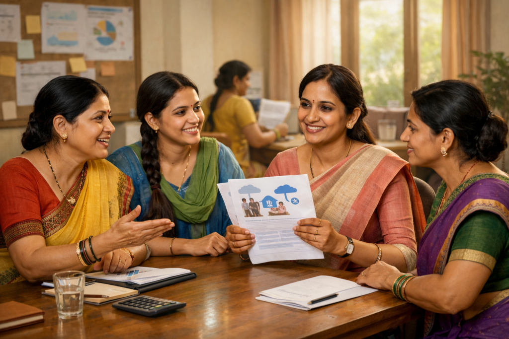 **Alt text:** Indian rural and semi-urban women confidently discussing finances in a calm professional setting, one woman holding insurance documents during an awareness meeting related to **LIC Bima Sakhi yojana**, warm natural colors, trustworthy and empowering government scheme context.