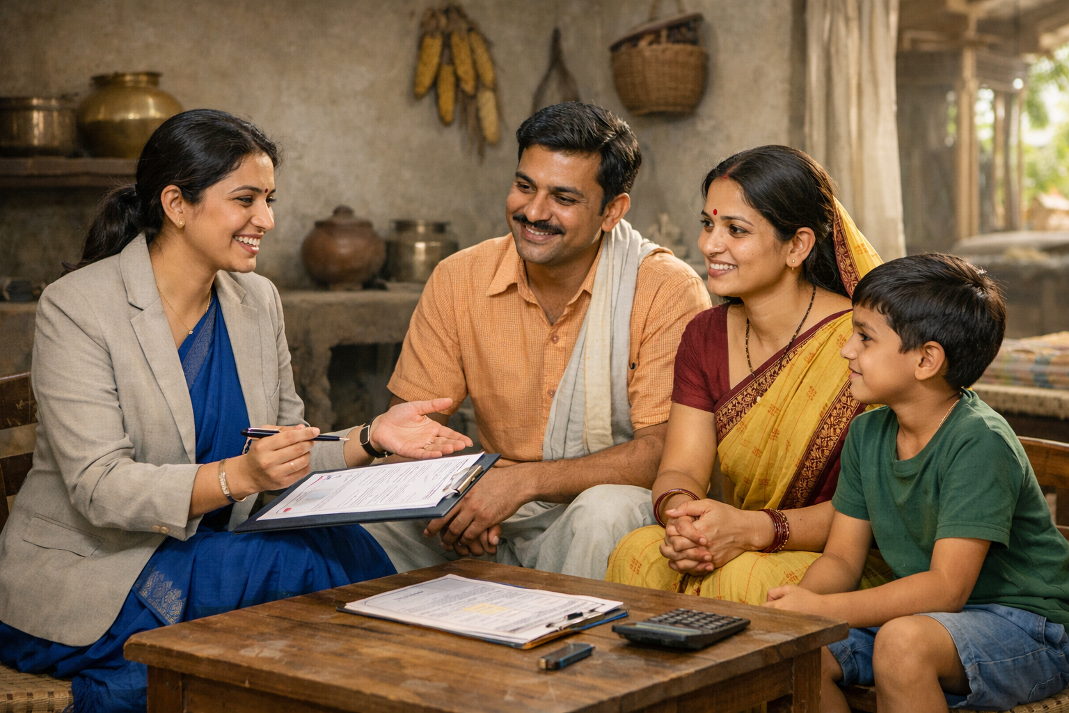 **Alt text:** LIC Bima Sakhi yojana illustrated through a friendly Indian woman LIC agent explaining an insurance policy to a rural family inside their home, showing financial awareness, trust, and professional guidance in a realistic household setting. 