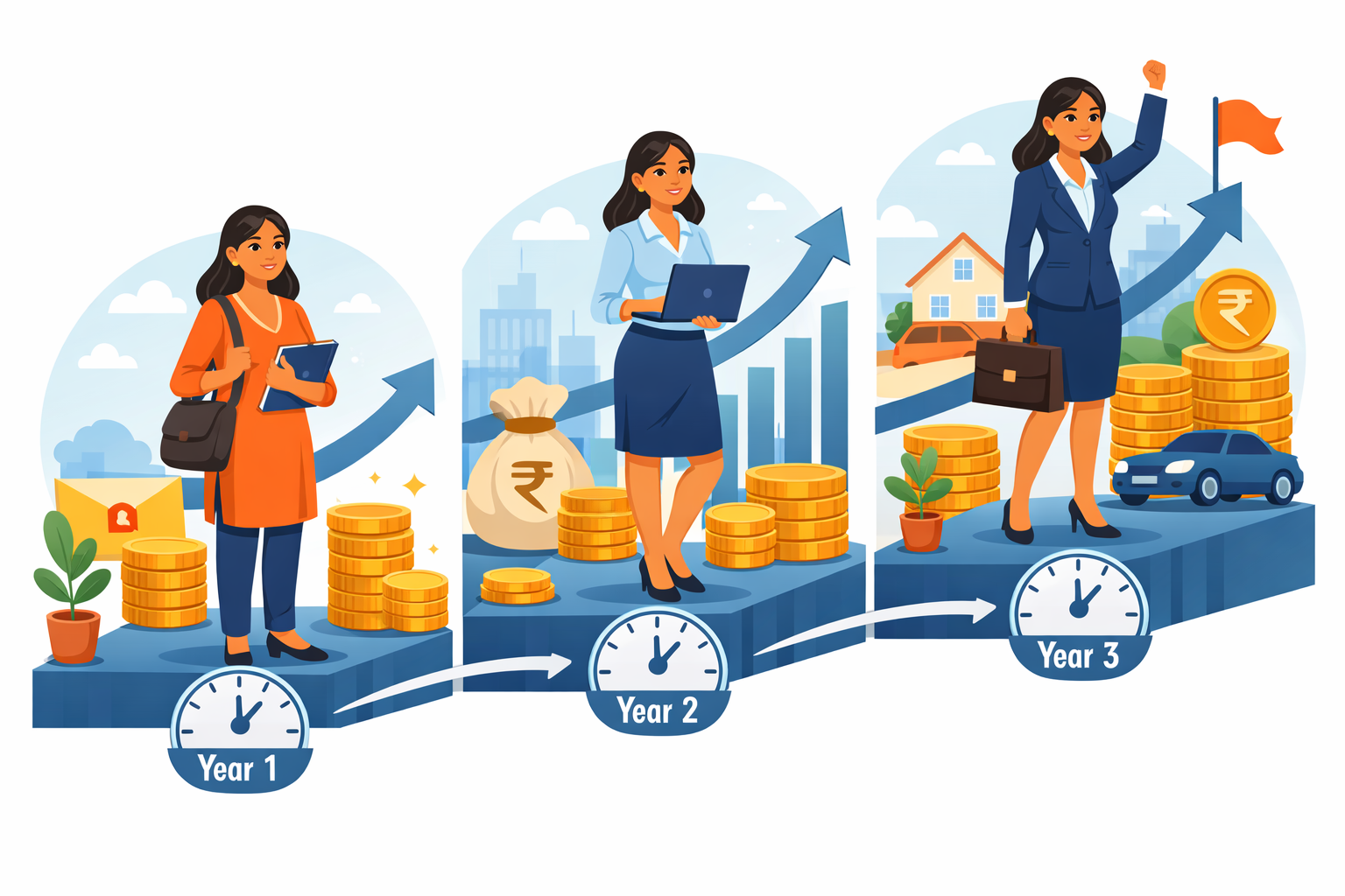 **Alt text:** An infographic-style illustration showing a 3-year career growth timeline of an Indian woman professional gaining confidence and financial stability, with stipend and upward growth symbols, representing long-term empowerment under LIC Bima Sakhi yojana. 