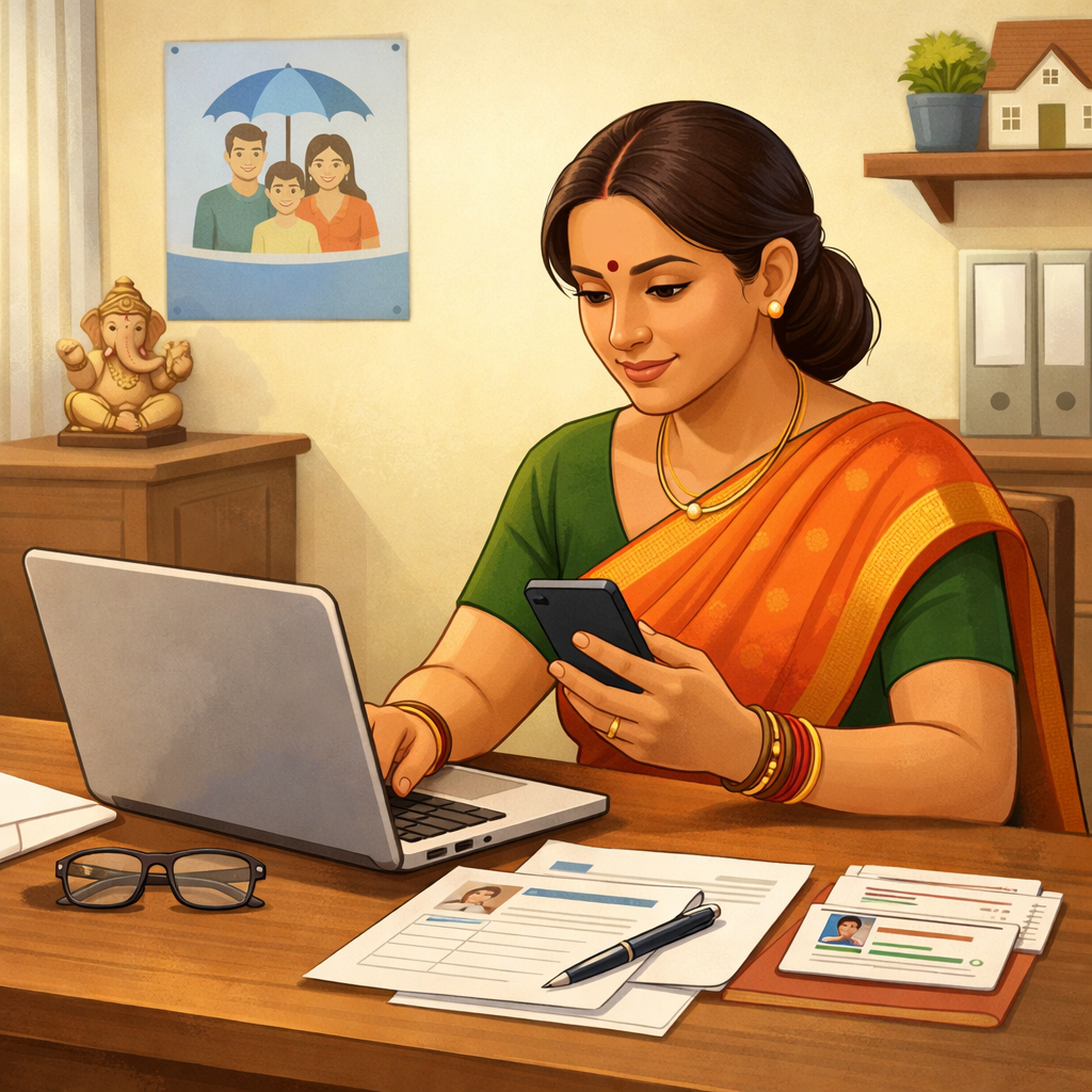 **Alt text:** An Indian woman applying for the LIC Bima Sakhi yojana online using a laptop and smartphone, with insurance documents neatly arranged on a desk in a calm home or LIC-style workspace, conveying trust, digital access, and government insurance awareness. 